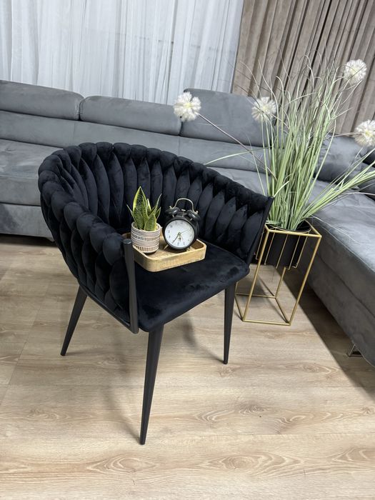 Nowe Krzesło Welurowe Plecione Glamour Wygodne Czarne Meble Dom Fotel