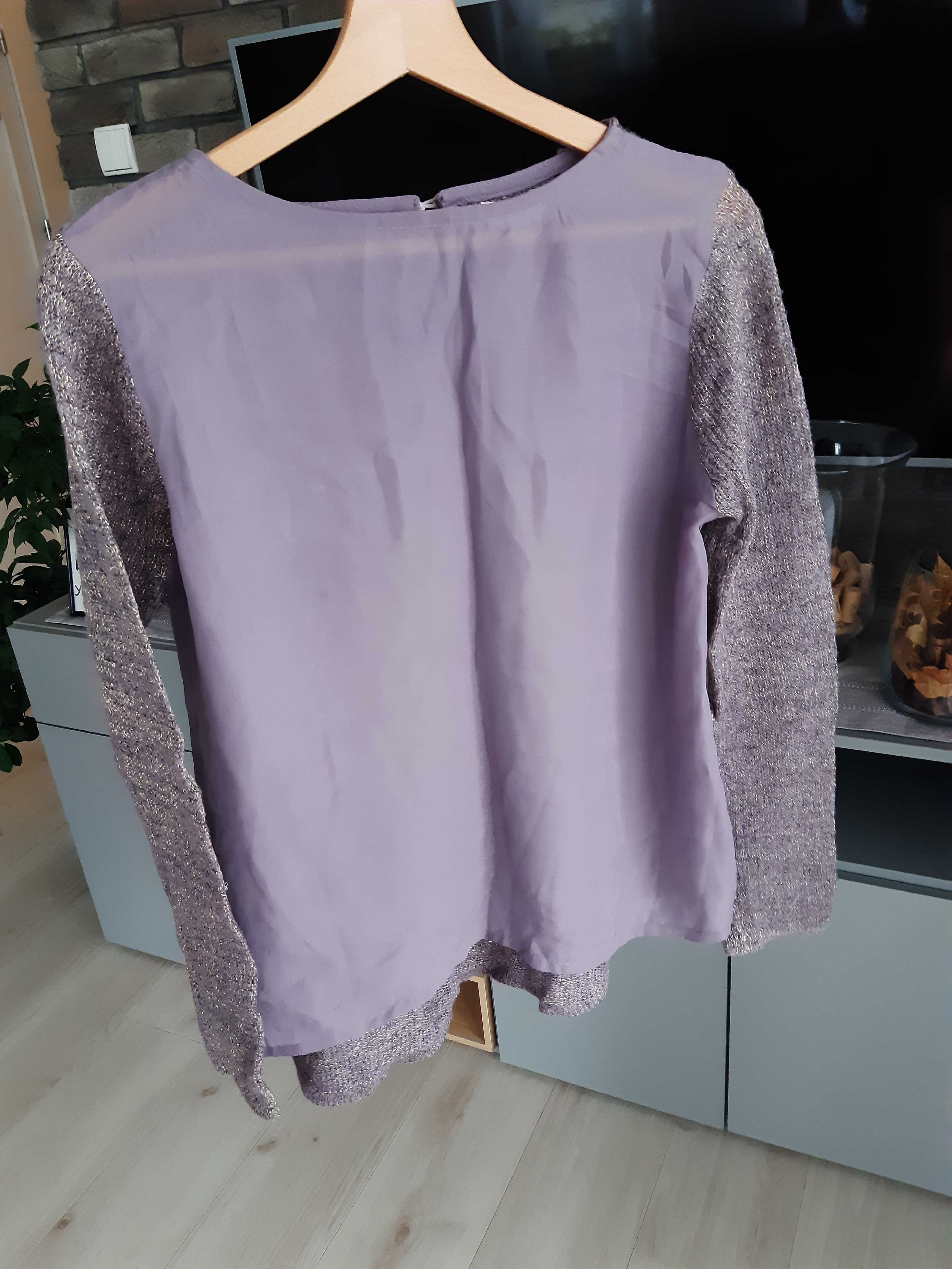 Sweter wrzosowy pastelowy ze złotą nitką dłuższy tył S 36