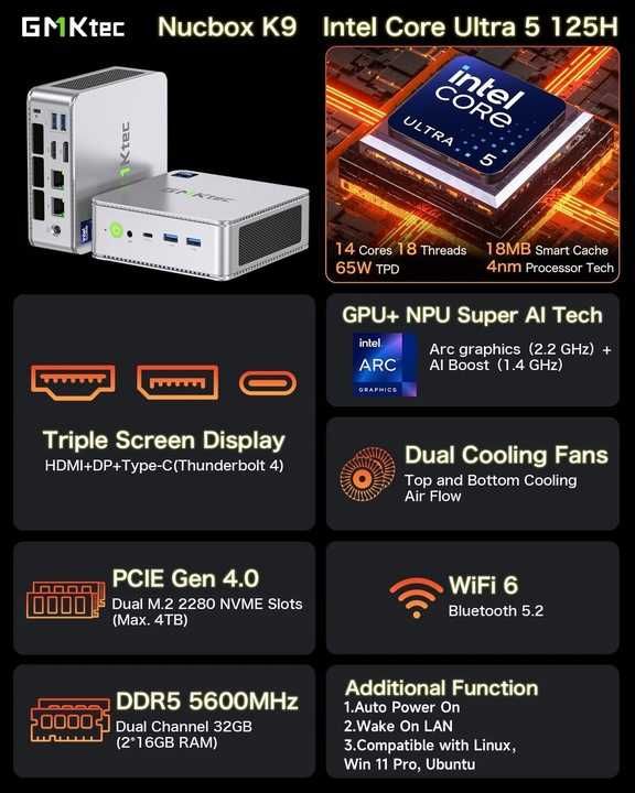 GMKtec K9 Mini PC Intel Core Ultra 5 125H Win11 DDR5 WiFi6/BT5.2 64GB+