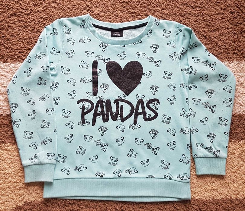 Bluza / bluzka r. 158 / 164, panda, brokat, zielona, miętowa, aplika