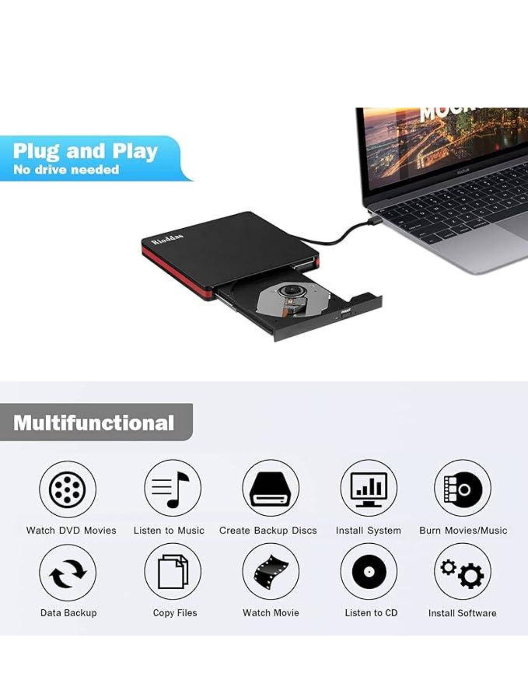 Зовнішній привод компакт-дисків Rioddas, USB 3.0 портативний привід .