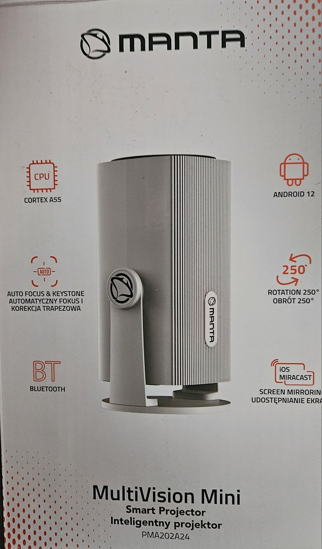 Mini projektor przenośny obrotowy LED Android 12 SMART TV WiFi Bluetoo