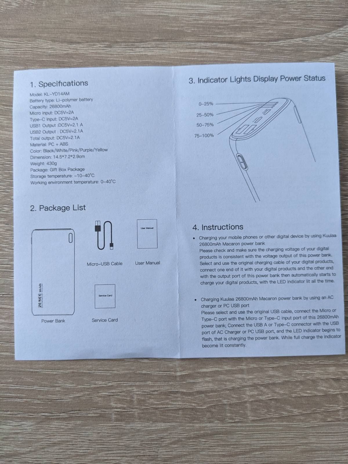 Повербанк Kuulaa 26800 mAh, модель KL-YD14AMб, білий.