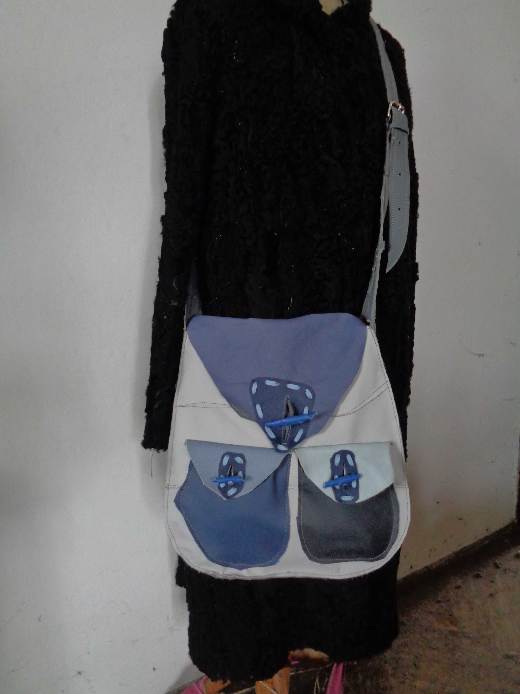 WYPRZEDAŻ Artystyczna duża skórzana niebieska torebka. Handmade
