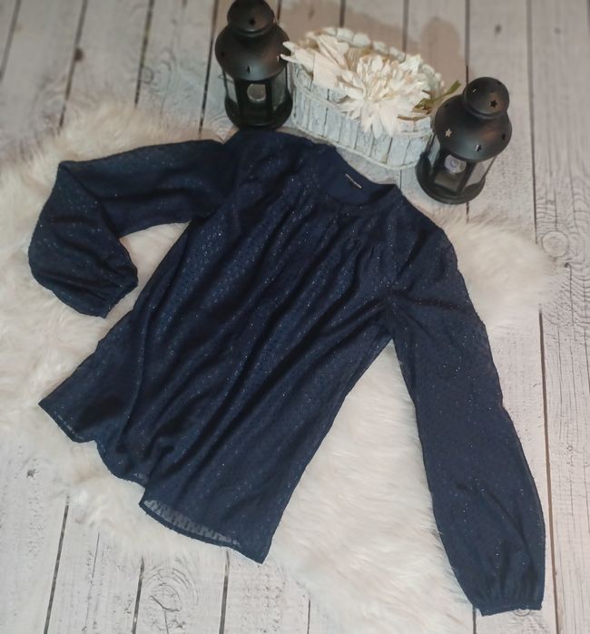 Granatowa elegancka bluzeczka w mieniace kreski rozmiar 38
