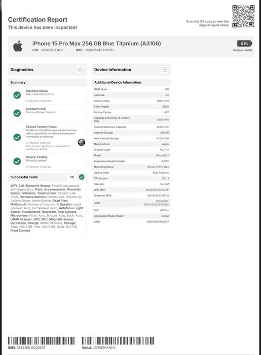 Apple iPhone Pro Max 15 256GB Azul Titânio Muito Bom Estado Original