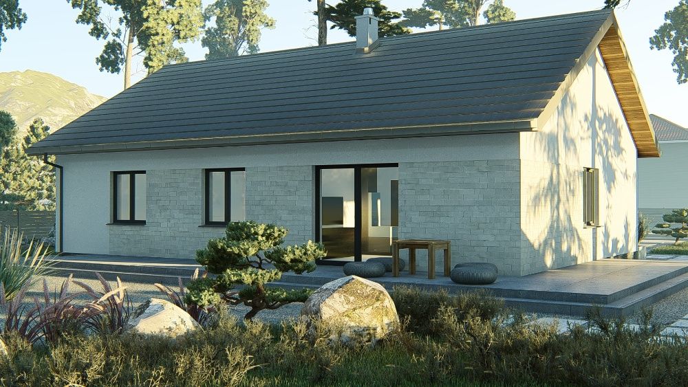 Projekt domu parterowego 108 m2 dach dwuspadowy, projekt typowy gotowy