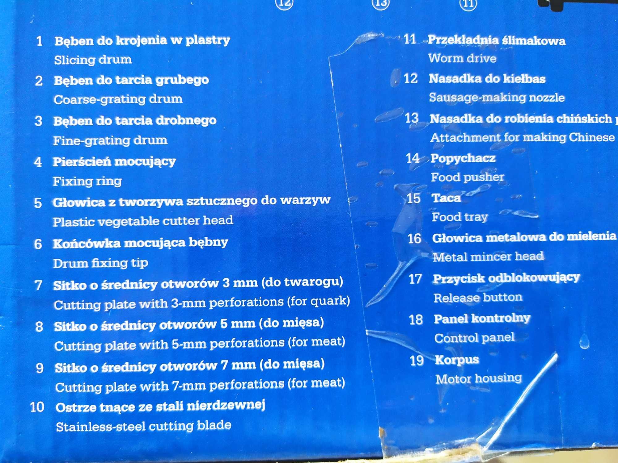 Maszynka do mielenia z szatkownicą -części