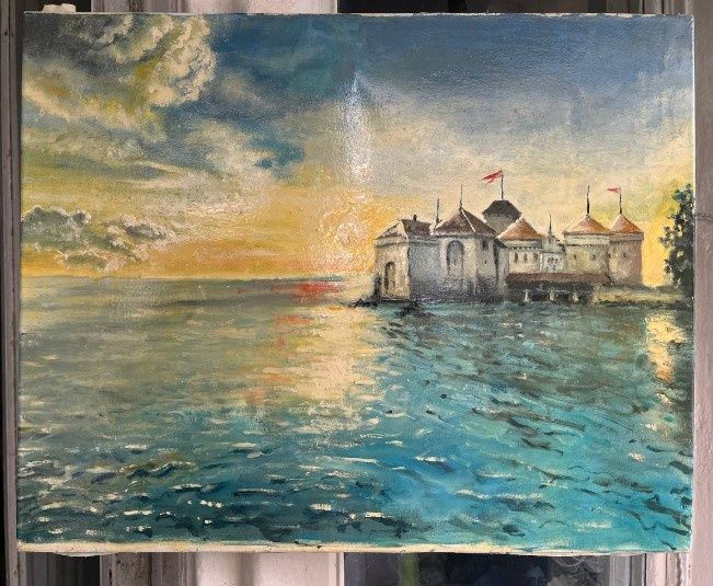 Картина маслом Шильонский замок на берегу Женевского озера