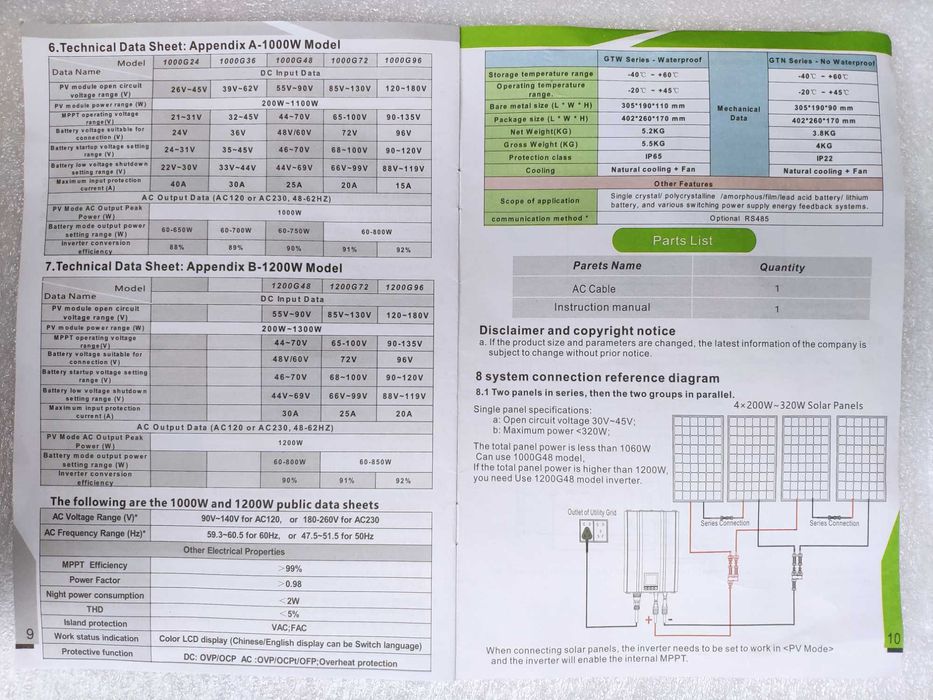 ON-GRID сетевой инвертор с чистой синусоидой 1000Вт (55V~90V--BAT:48V)