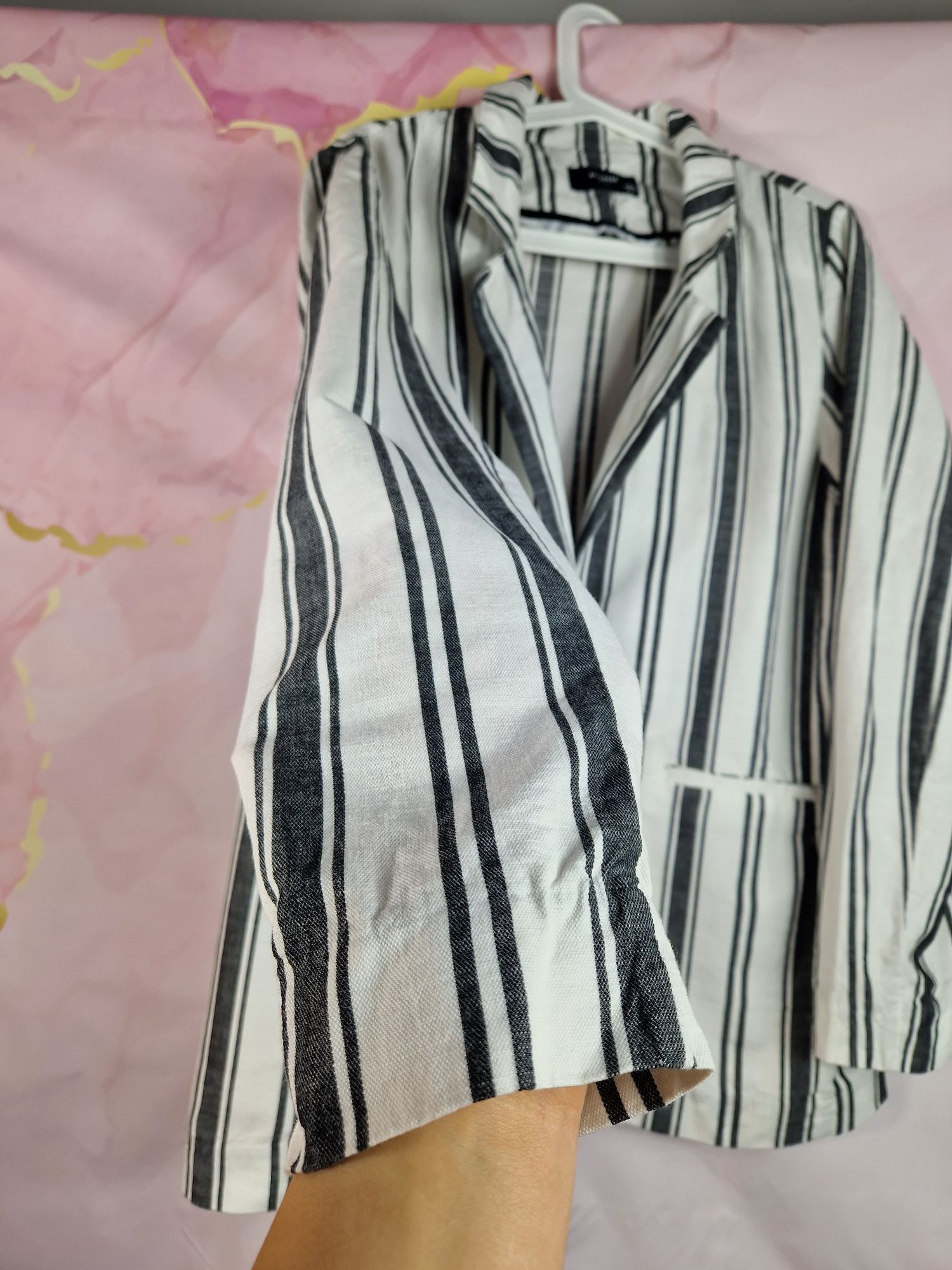 Marynarka żakiet Reserved 42 XL bawełniana biała w paski na lato