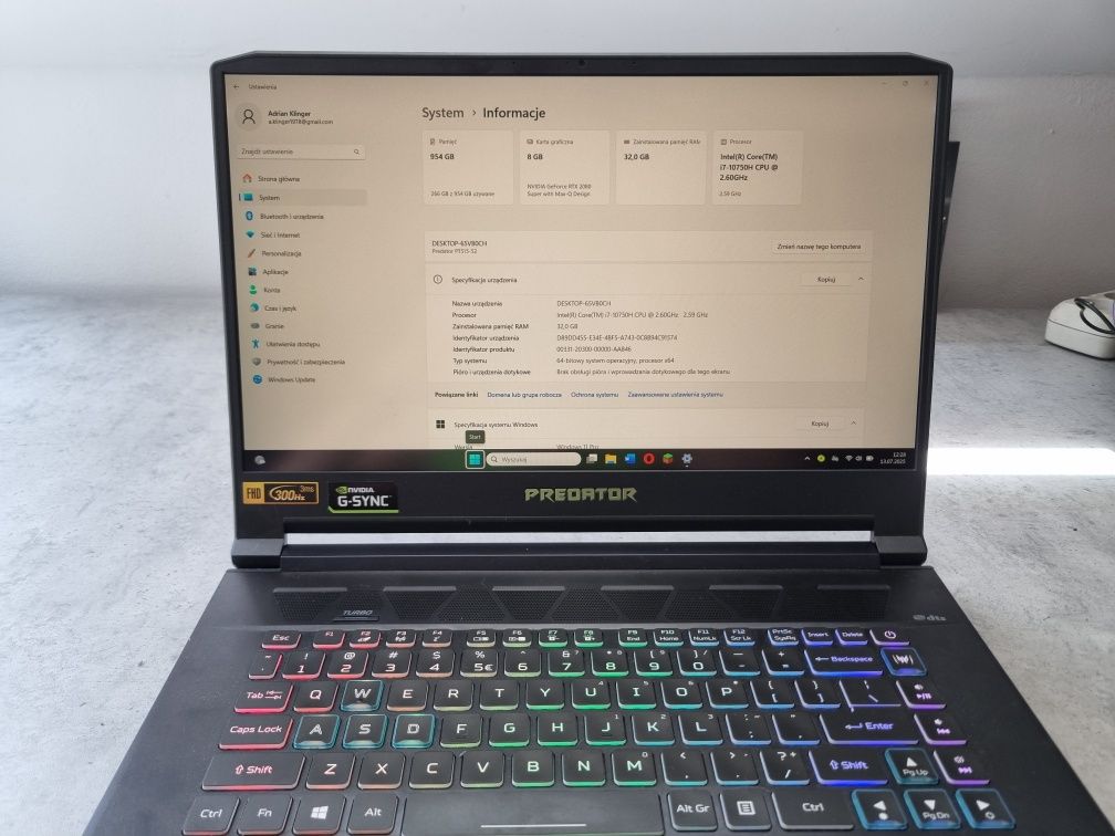Acer Predator Triton 500 RTX 2080 SUPER  i7 32 GB 1 TB SSD WIN 11 PRO
