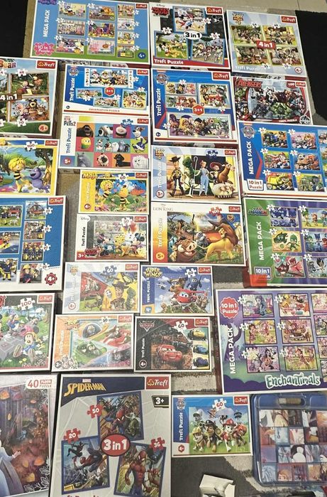 Mega zestaw 25 dużych pudelek puzzli 10w1 4w1 Trefl różny wiek zestawy