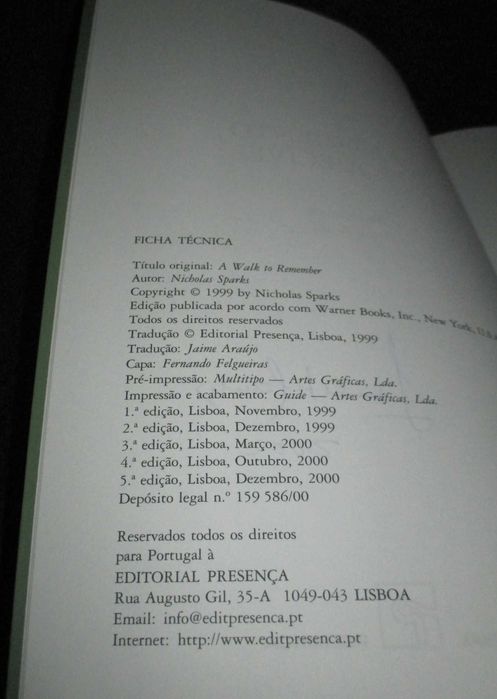 Livro Um Momento inesquecível Nicholas Sparks Presença