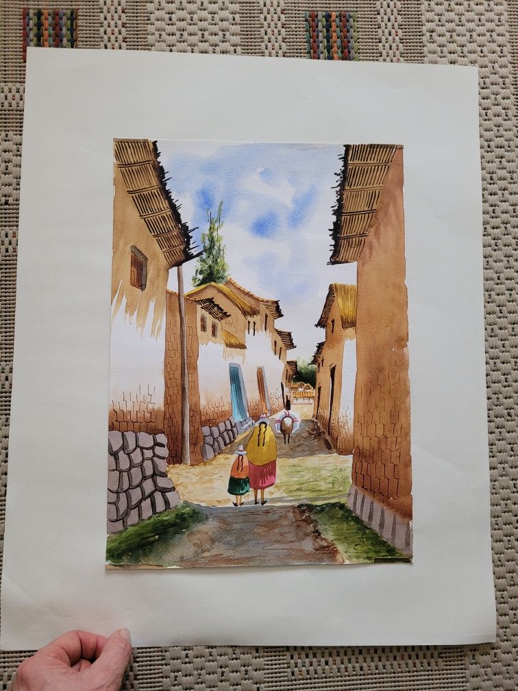 Obraz akwarela handmade z Peru obrazek do antyramy Cuzco