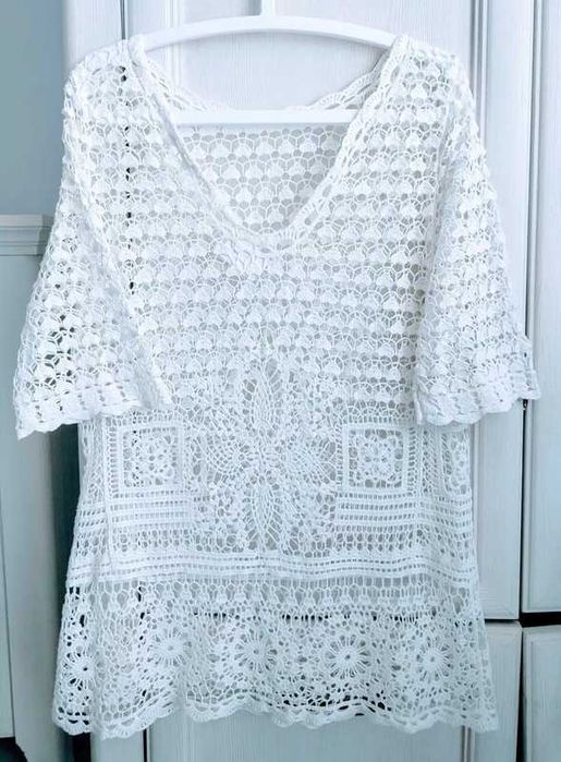 xs s m biała tunika plażowa boho festiwal hippie hafty szydełko ażur