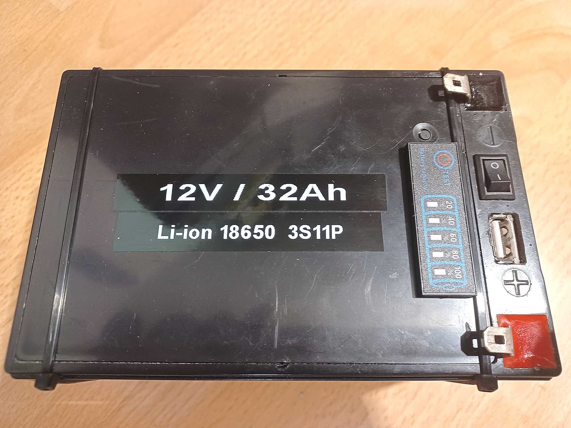 Akumulator 12V 32Ah 18650 Li-ion 3s7p USB 3,2A + wskaźnik naładowania