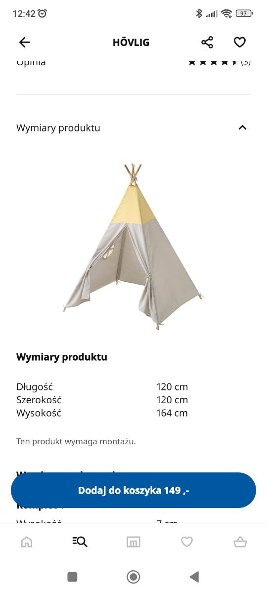 Namiot dziecięcy tipi Ikea hovling szaro/zolty