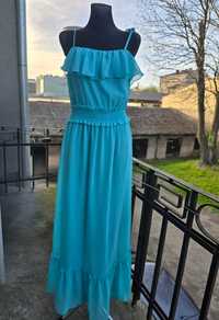 Sukienka damska długa na ramiączku z falbanką niebieski rozmiar S