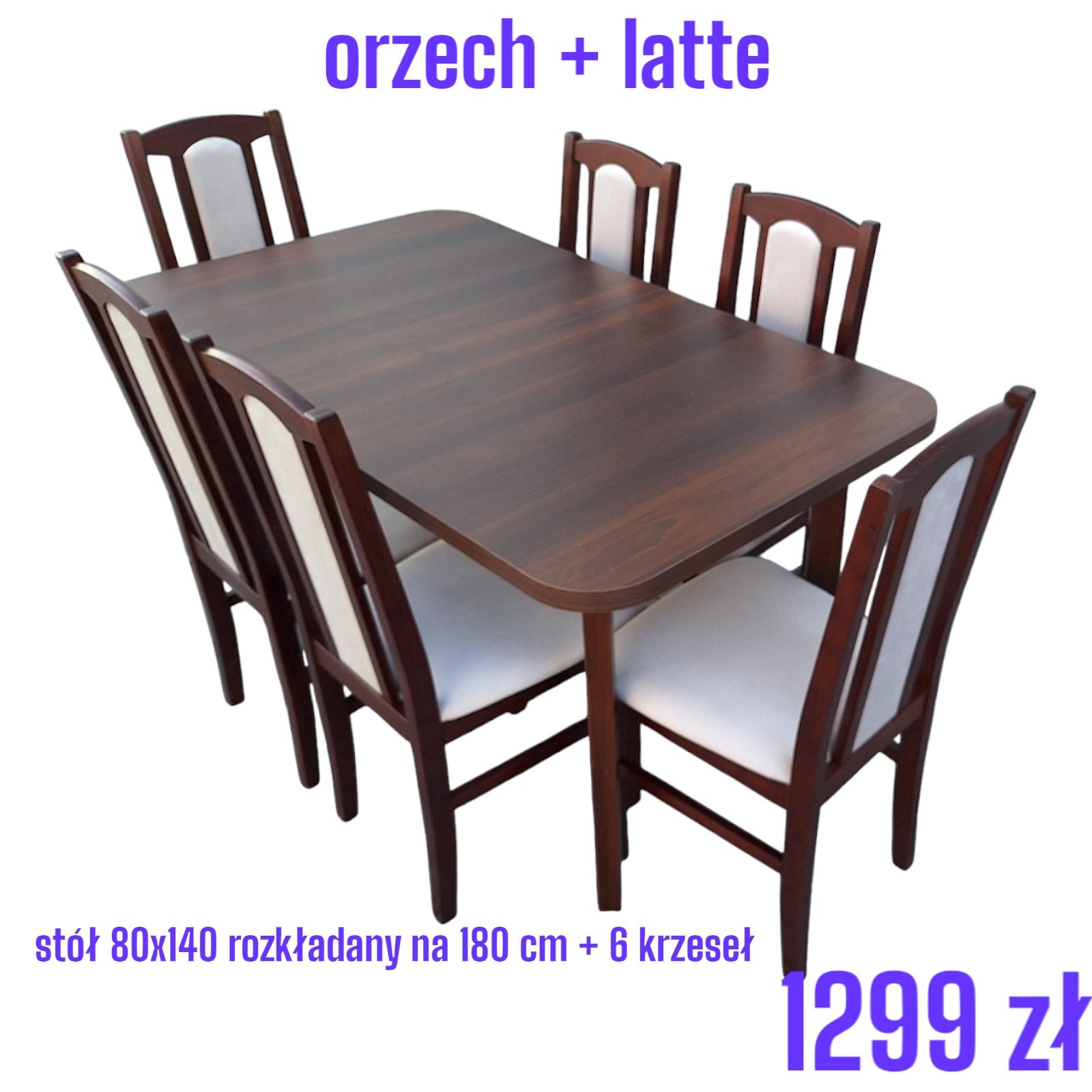 Stół rozkładany + 6 krzeseł, OD RĘKI , orzech + kawa z mlekiem