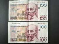 Dwa banknoty 100 franków Belgia Honderd Frank