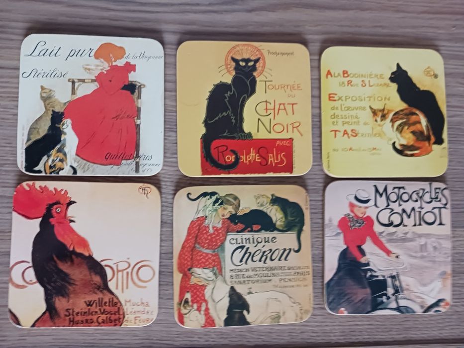 Podkładki korkowe , 6 szt. z motywami Art Nouveau, francuski vintage.