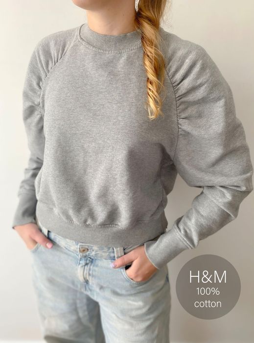 Bluza dresowa H&M szara bufiaste szerokie rękawy sweatshirt marszczona