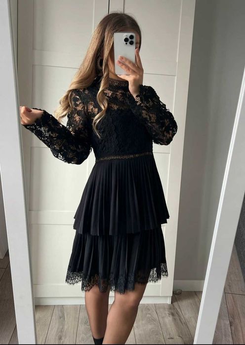 Zara czarna plisowana sukienka MIDI na wesele koronkowe wstawki L
