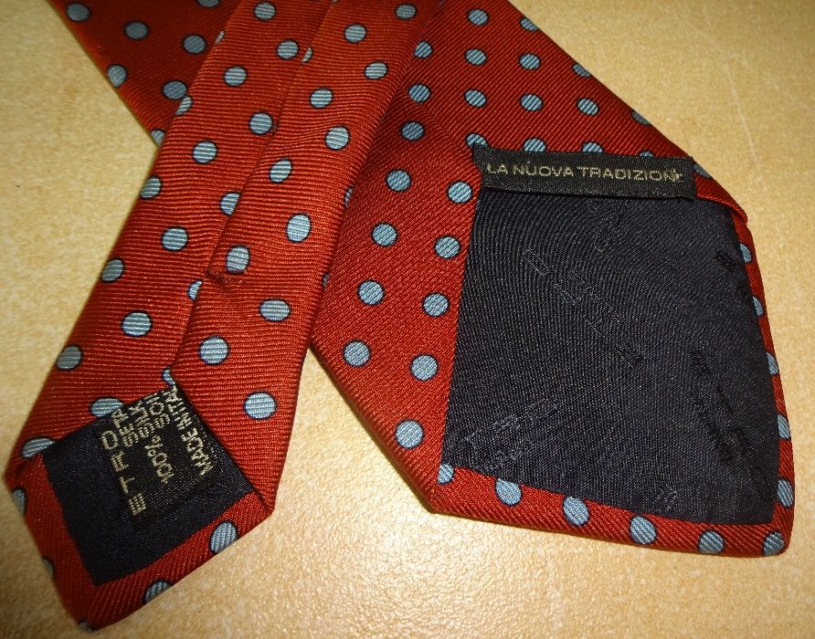 ETRO Milano - oryg. bordowy jedwabny krawat w niebieskie grochy SILK