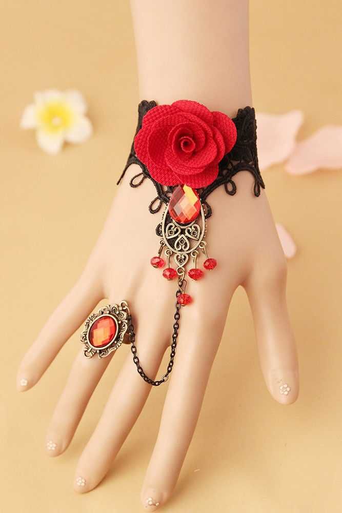 Gotycka punk vintage retro koronkowa bransoletka z różą i pierścieniem