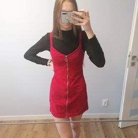 Krótka czerwona sztruksowa sukienka z zamkiem, topshop XS/34