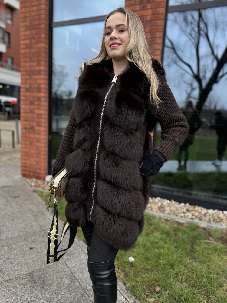 Kamizelka 2 w 1 brąz z lisa jodełka xs/s  naturalna new
