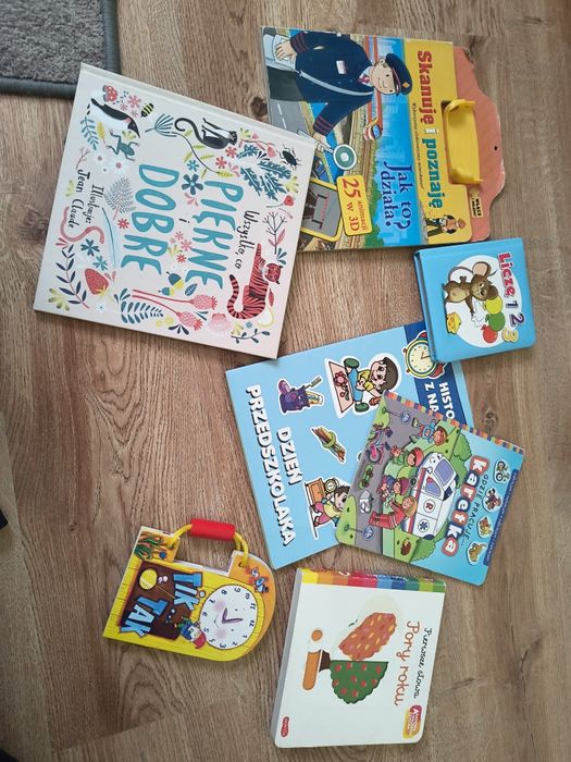 Zestaw 7 książeczek dla dzieci, liczę, zegar, pojazdy, stan bd