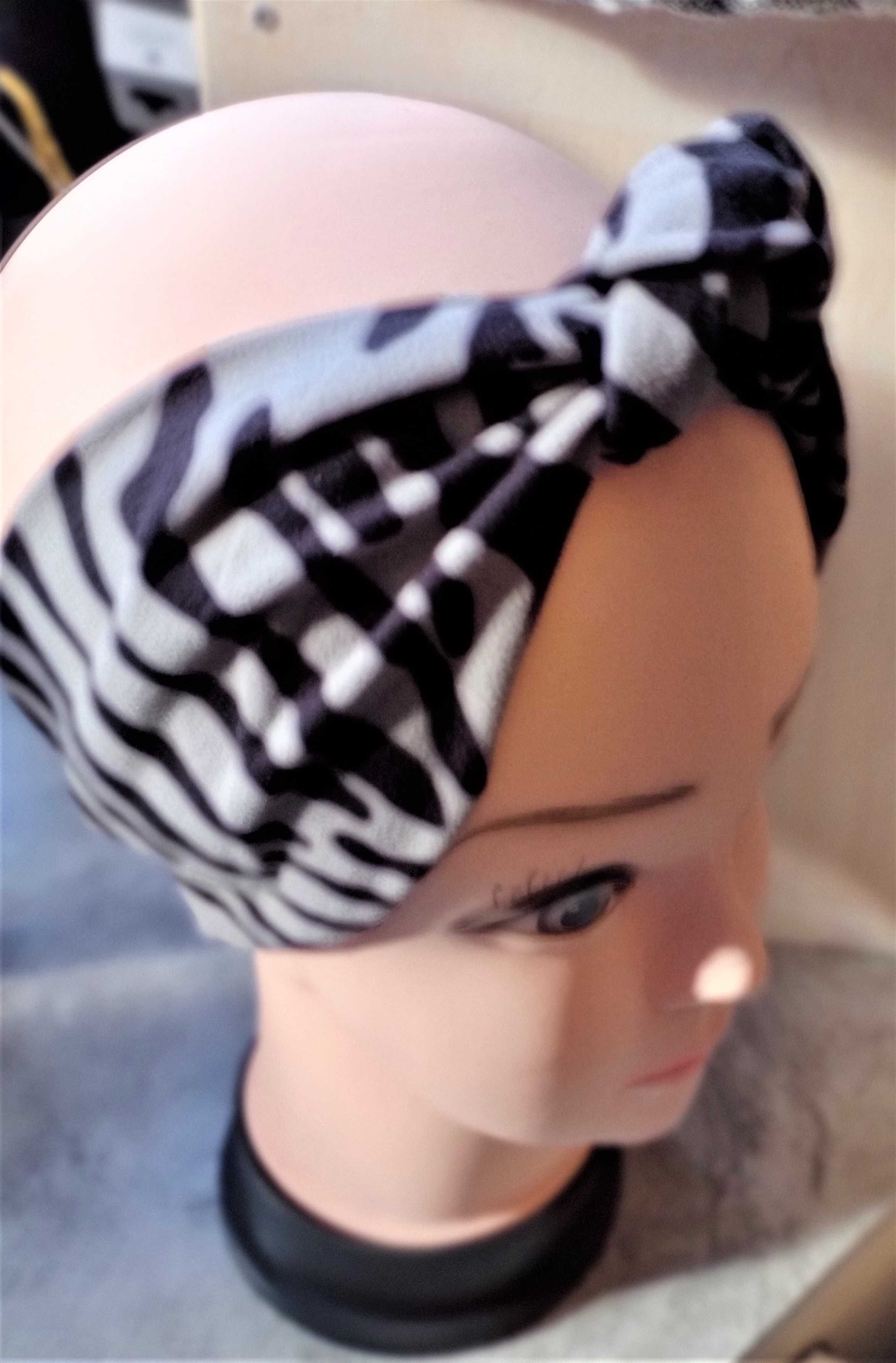 Opaska turban z supłem wiosenna czarna szara zebra kobieca rozm 54 56