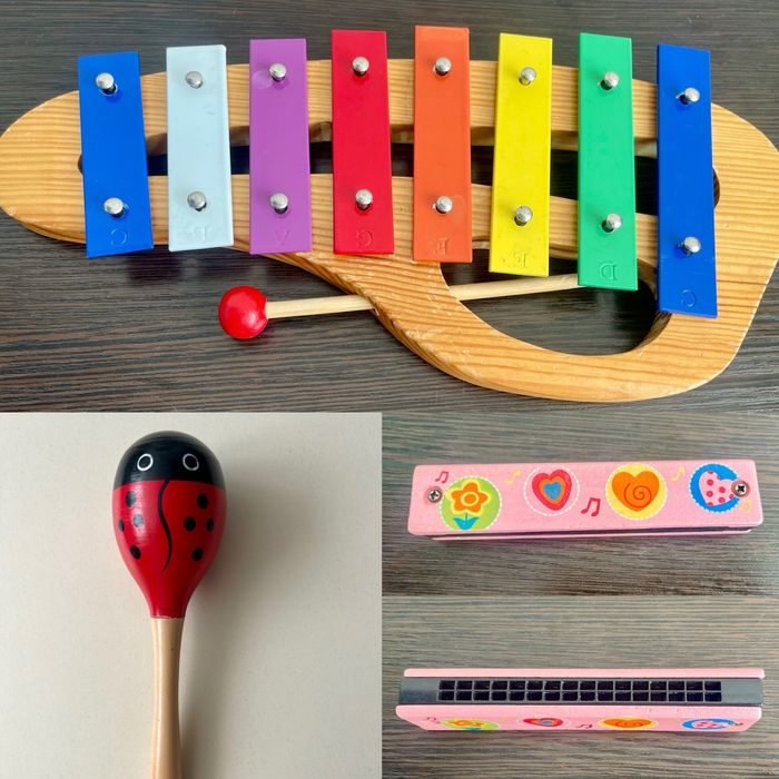 Набір дитячих музичних інструментів: ксилофон, маракас, губна гармошка