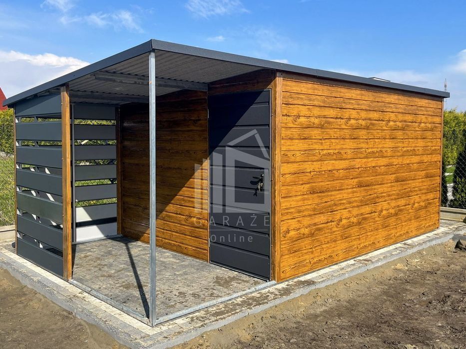 Schowek - Domek Ogrodowy 4X3M + Wiata - Drzwi Drewnopodobny Id557