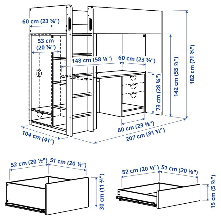Łóżko piętrowe IKEA SMASTAD 90x200 z biurkiem i szafkami – Ełk