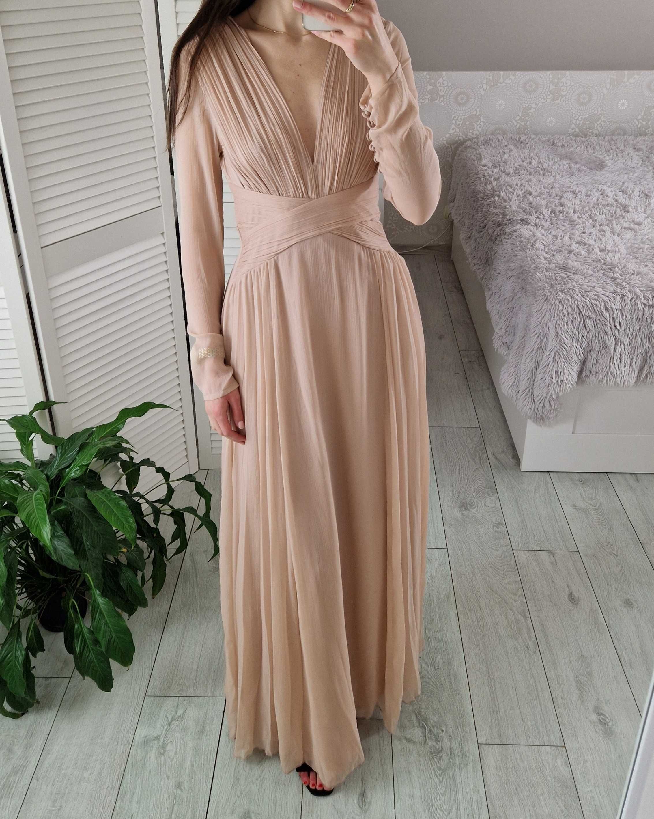 Asos beżowa tiulowa szyfonowa sukienka maxi z długim rękawem wesele S