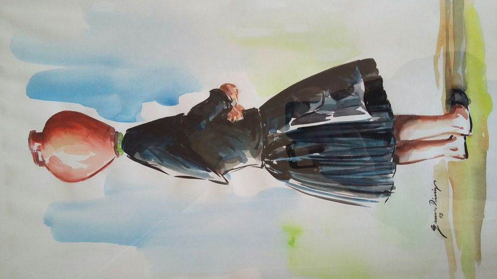 Pintura aguarela Gama Diniz motivo Nazarena com cântaro