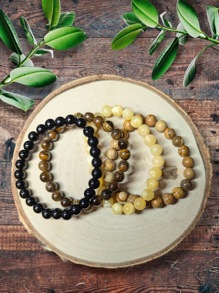 Zestaw 4 bransoletki z kamieni tygrysie oko topaz jaspis onyks BOHO