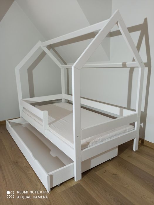 160x80 Łóżko domek białe z pojemną szufladą - 100% Drewno
