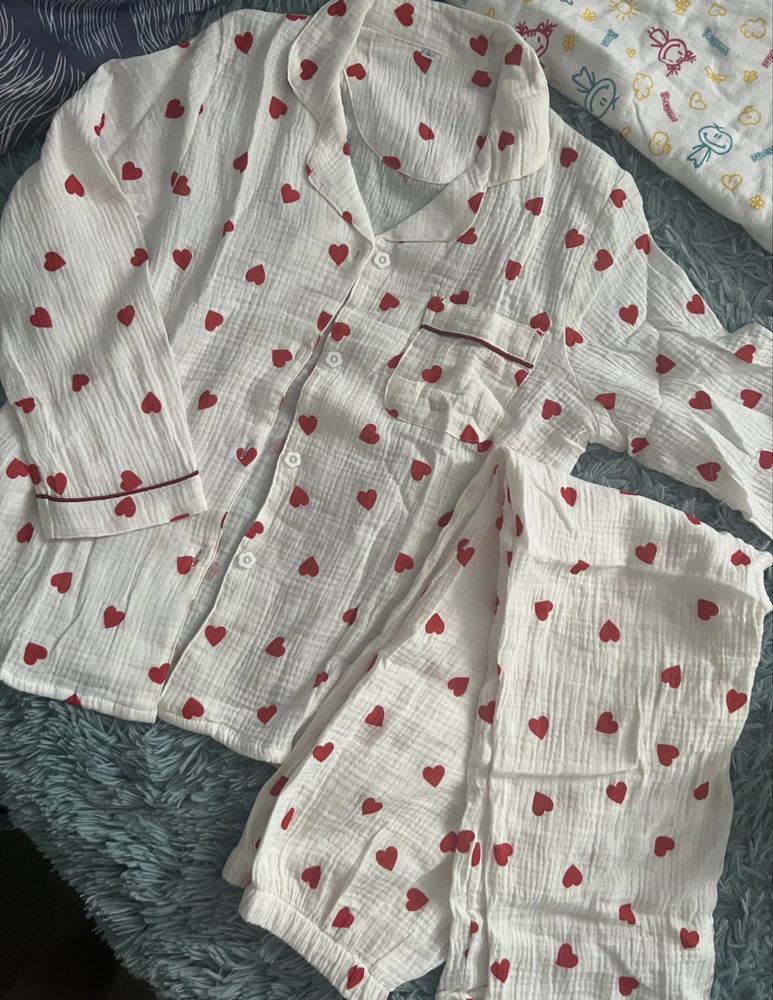 Nowa piżama damska 100% bawełna muślin serduszka M L