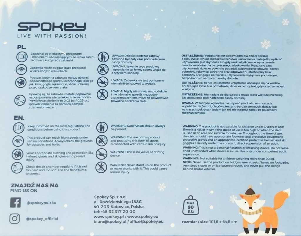 Ślizg śnieżny kółko sanki dmuchane do zjeżdżania SPOKEY 102x71cm 90kg