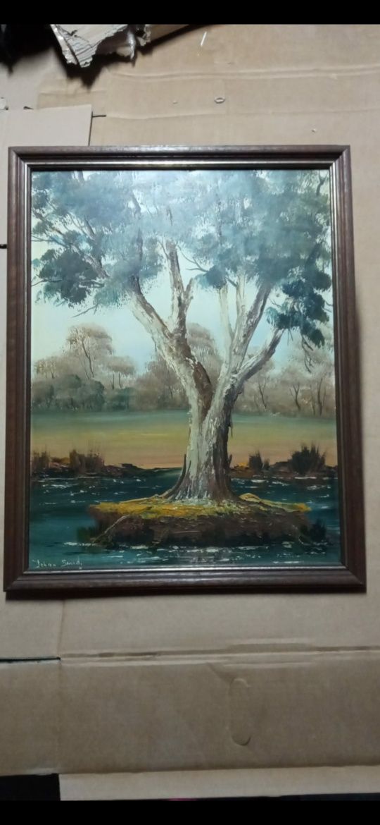 Obraz antyk duży ręcznie malowany drzewo natura w ramie