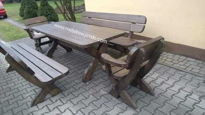 Meble ogrodowe drewniane stół 2 ławki 2 fotele antracyt + biały