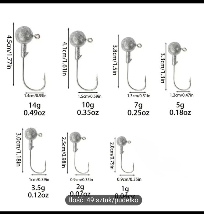 Wędkarstwo – główki jigowe z hakami (49 szt.)