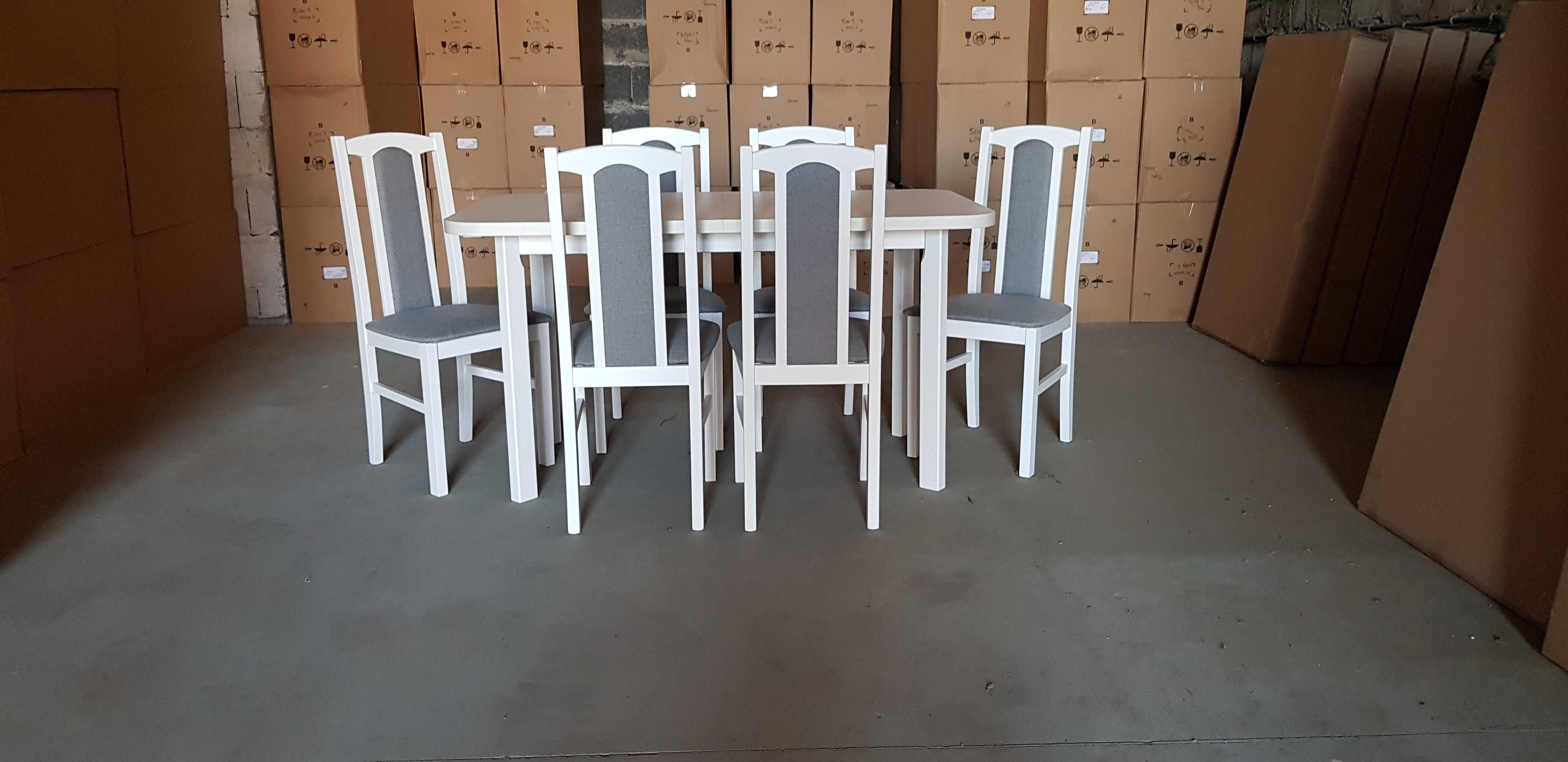 Nowe: Stół 80x140/180 + 6 krzeseł, BIAŁY + SZARY , dostawa cała PL