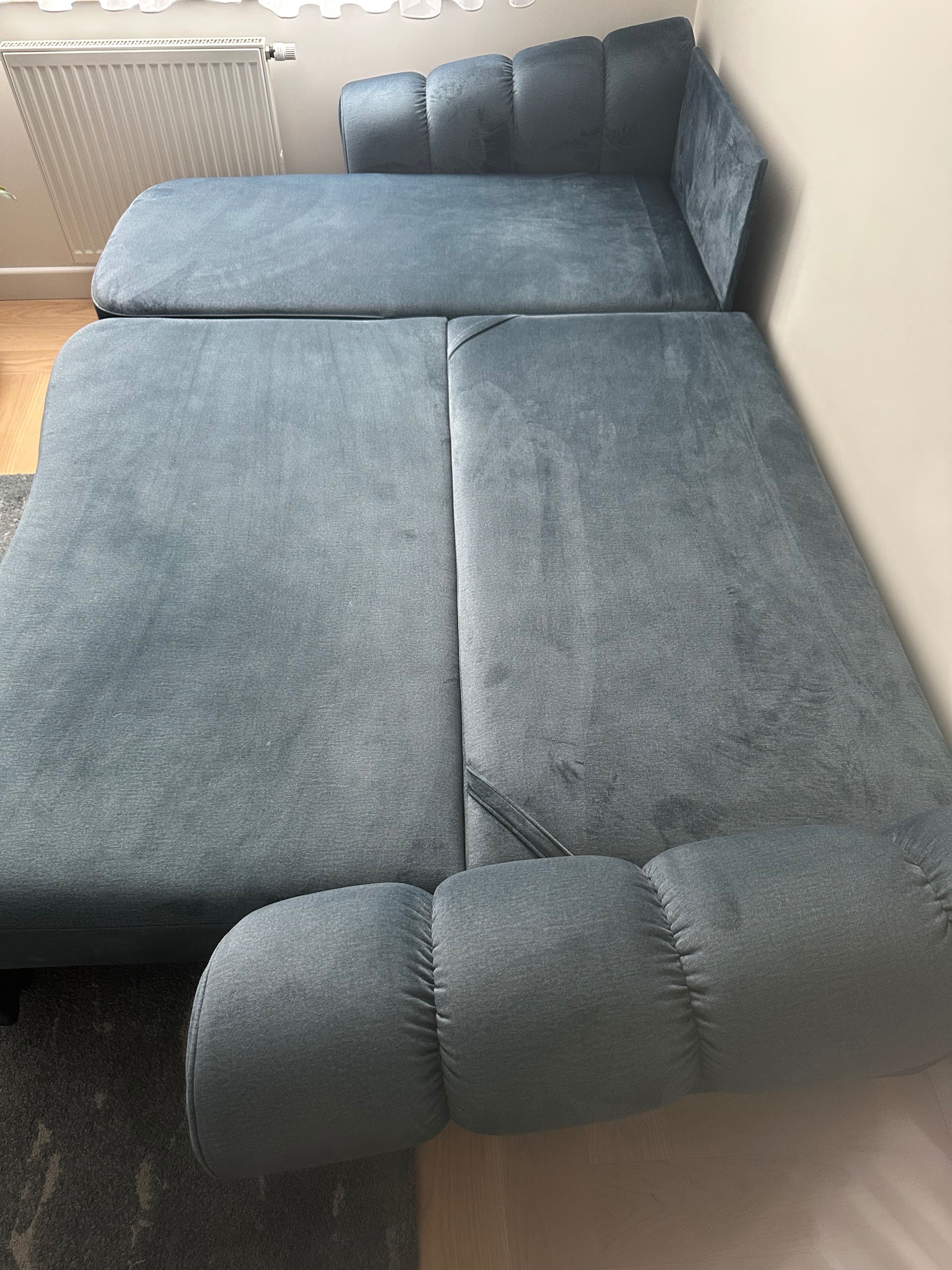 Sofa narożna, z możliwością spania, welurowa zielono-granatowa