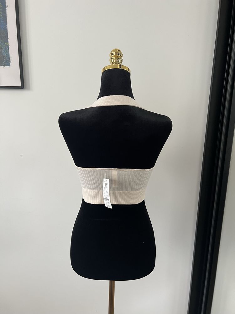 Beżowa, kremowa, krótka bluzka, crop top, biustonosz, stanik, Etam, S