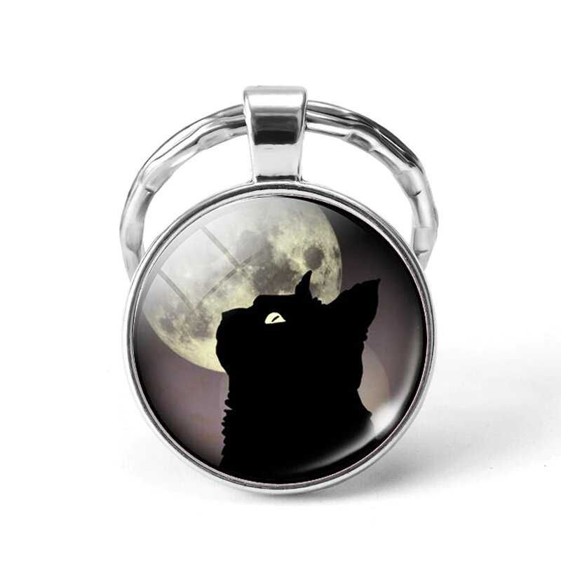 Брелок металлический круглый "Полнолуние" v4. Кот/кошка/луна